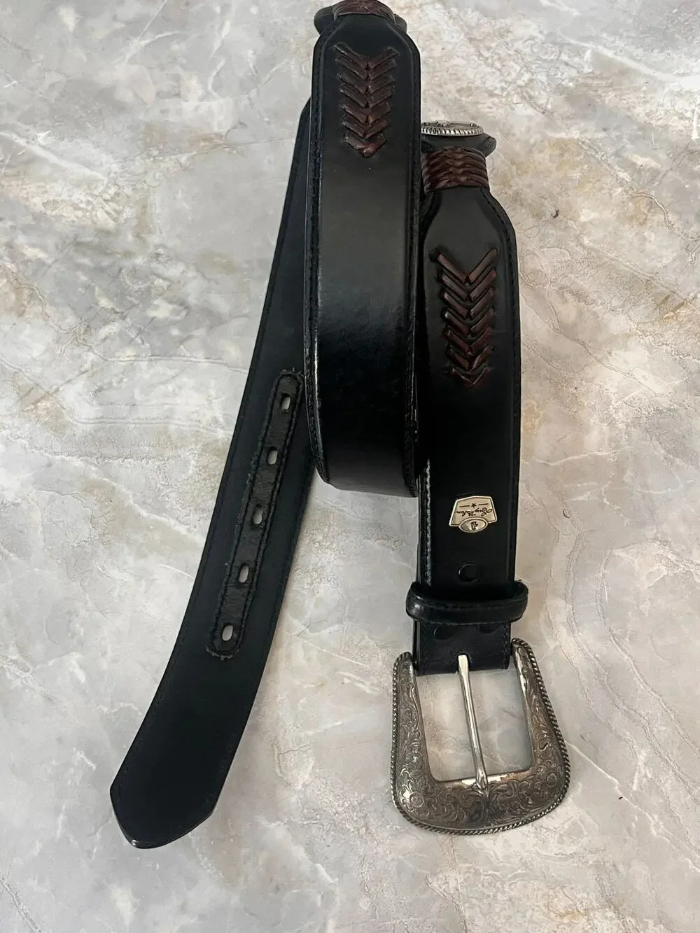 Vintage Larry Mahan Black Genuine Tooled Leather Rodeo Belt Size 36